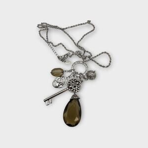 Key & Cameo Smoky Brown Glass Charm Cluster Vintage Lia Sophia Long 32 Necklace
